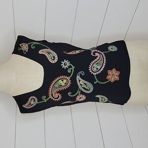 C'est City large black sweater shell with embroidered paisley orange blue white